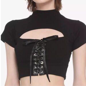 Hot Topic Black Lace-Up Cut Out Mock Neck Girls Crop Top XL